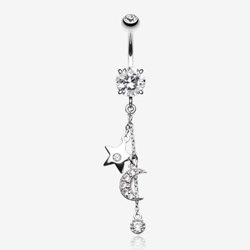 Wishing Star with Moon Belly Button Ring-Clear Gem